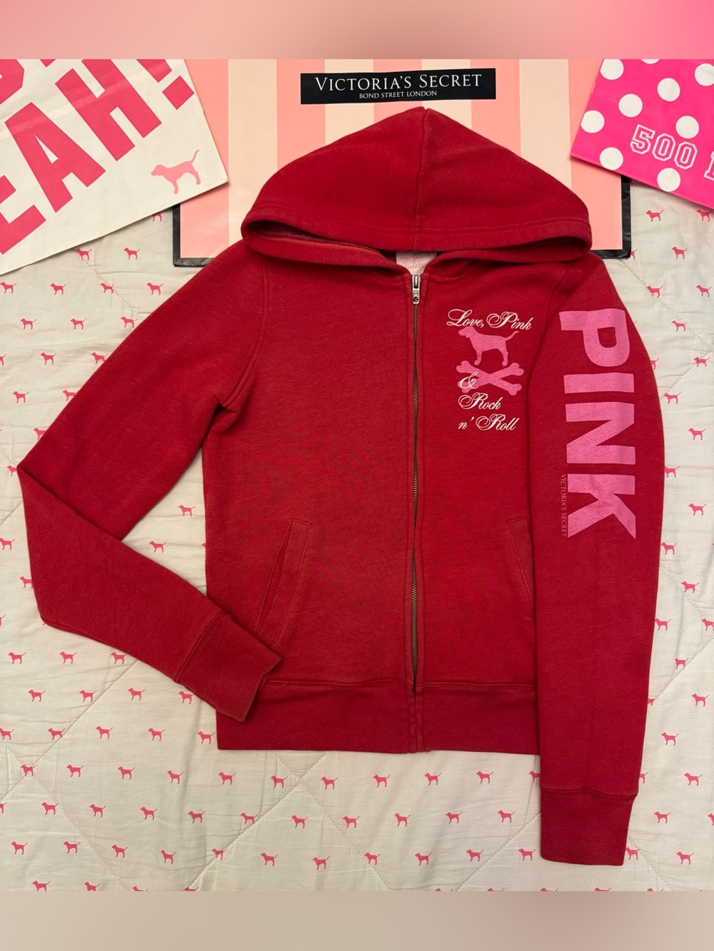 VS PINK VINTAGE Y2K FULL ZIP HOODIE SWEATSHIRT RED ROCK & ROLL CROSSBONES DOG S